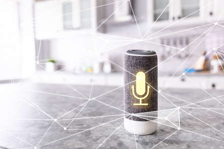 Smart Wireless Speaker With Voice Recognition On Kitchen Counterの写真素材