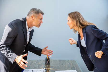 Side View Of Two Angry Mature Businesspeople Looking At Each Other Standing Face To Faceの写真素材