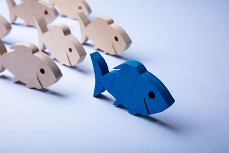 Close-up Of White Wooden Fishes Behind Blue Fish Over Colored Backgroundの写真素材