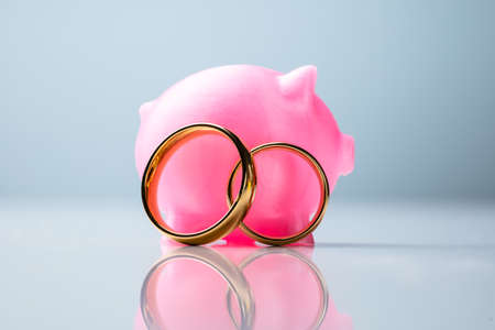 Close-up Of Golden Wedding Rings With Pink Piggy Bank Arranged Over Isolated On White Backgroundの写真素材
