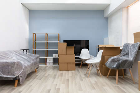 Living Room Interior Of New House With Moving Boxes