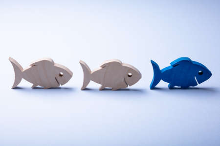 Two Wooden Fishes Following One Blue Fish In Front Of Blue Surfaceの写真素材