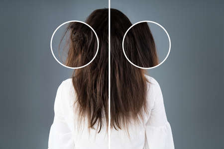 Woman's Hair Before And After Hair Straightening On Grey Backgroundの写真素材