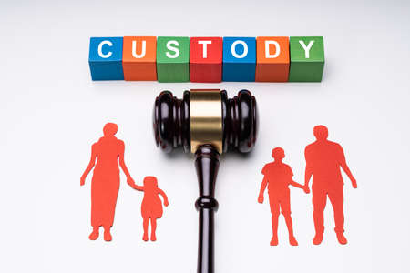 Colorful Blocks With Custody Text Above Separated Family Figure Paper Cutout And Judge Gavel Over White Surfaceの写真素材