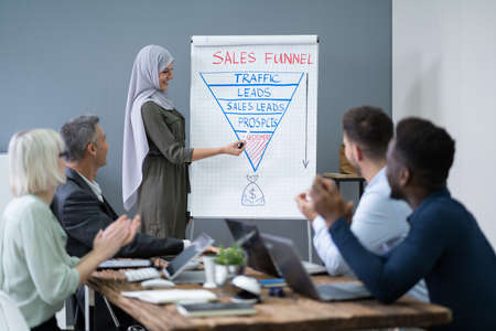 Muslim Businesswoman Giving Presentation To Her Colleagues In Officeの写真素材