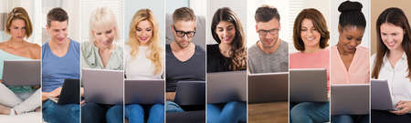 People Shopping On Laptops Collage. Diverse Group Of People Portraitsの写真素材