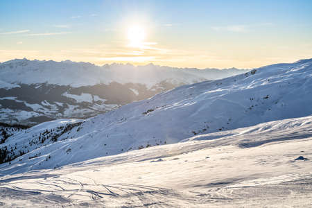 Snowy Landscape With Mountains On Sunny Winter Day At Laax, Switzerlandの写真素材