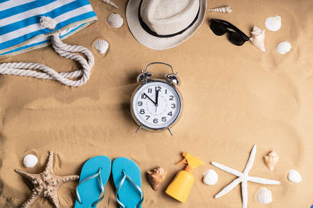 Alarm Clock In Sand On Sunny Tropical Beach
