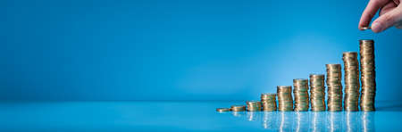 Financial Money Graph With Pile Of Coins. Salary Growth 