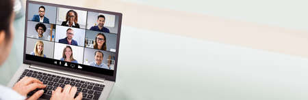 Webinar Video Conferencing On Laptop. Online Meeting Conference