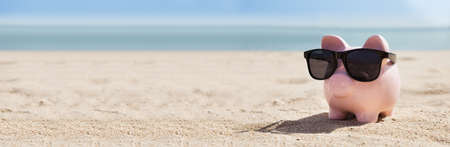 Pink Piggy Bank Object On Vacation At Beach