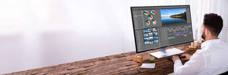 Video Editing On Desktop Computer. Designer Personの写真素材