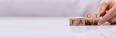 Fact Fiction Evidence Check. Fake News Blockの写真素材