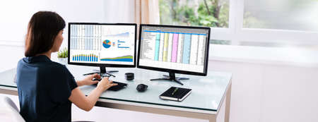 Analyst Employee Working With Spreadsheet On Computerの写真素材