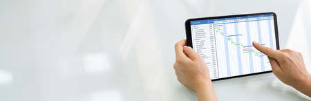 Woman Using Gantt Chart Schedule Software On Computerの写真素材