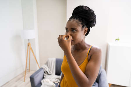 African Woman Feeling Bad Air Smell Or Odor In House
