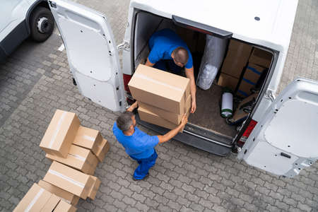 Open Truck Delivery. Mover Men Moving Boxes