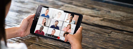 Video Elearning Conference Call On Tablet. Online Interviewの写真素材