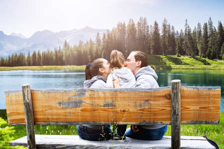 Family Man And Woman Couple Romantic Photo In Mountainsの写真素材