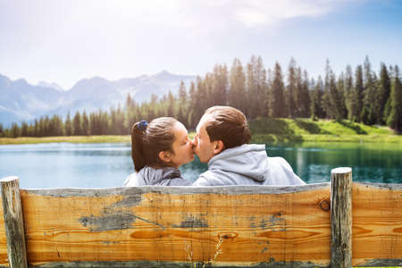 Family Man And Woman Couple Romantic Photo In Mountainsの写真素材