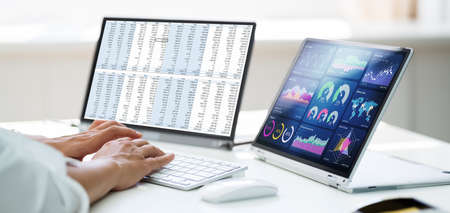 Analyst Employee Working With Spreadsheet Report On Laptop Screenの写真素材