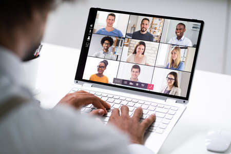 Video Conference Business Call. African Man Conferencing On Laptop Computer