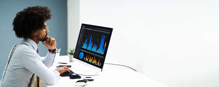 Business Data Analyst Using Computer. African American Advisor
