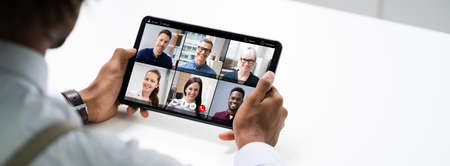Video Conference Business Call. African Man Conferencing On Tablet Computer