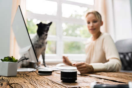 Using Speaker With Voice Recognition Assistant In Officeの写真素材