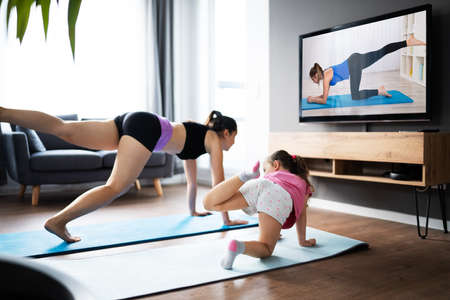 Woman And Her Child Girl Doing Online Fitness Exercise In Virtual Classの写真素材