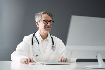 Senior Older Man Doctor Computer Video Conferenceの写真素材