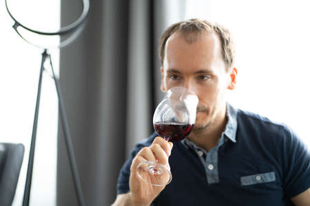 Man Drinking Wine In Video Conference At Homeの写真素材