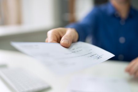 Handing Employee Payroll Cheque. Security Check And Salary Checkbookの写真素材