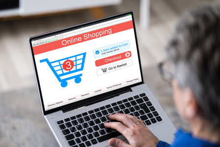 Elder Man Tech Shopping Online. Ecommerce Shopの写真素材