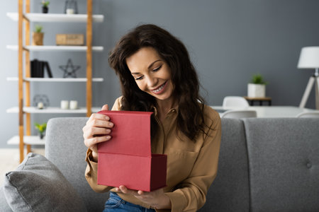 Happy Woman Sitting At Home Opening Giftの写真素材