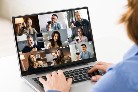 Virtual Wine Tasting Dinner Event Online Using Laptopの写真素材