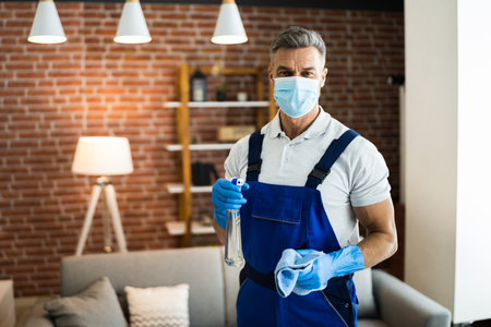 Home Cleaning Janitor Service In Face Maskの写真素材