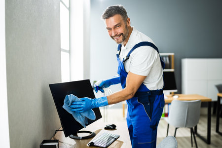 Professional Office Cleaning Janitor Service. Monitor At Deskの写真素材