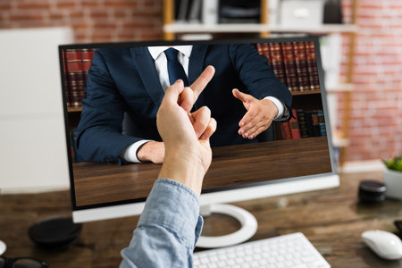 Business Man Trying Handshake Seeing Fuck Gesture In Video Conferenceの写真素材