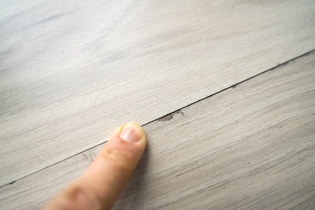 Hand Pointing To Damaged Old Laminate Flooring Surface At Homeの写真素材