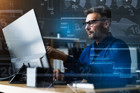 Project Manager Working With Gantt Digital Agenda Chartの写真素材