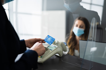 Hotel Reception Desk Counter With Face Maskの写真素材