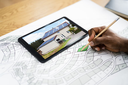 African American Hand Working With House Building Cadastre Map