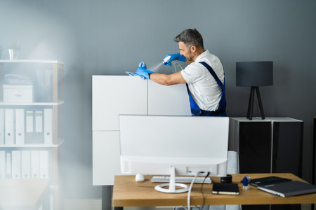 Professional Janitor Office Cleaning Service. Man With Chemical Sprayの写真素材