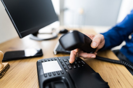 Close-up Of A Businessman's Hand Dialing Telephone Number To Make Phone Call In Officeの写真素材