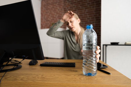Thirsty Person Working At Desk Drinking Waterの写真素材