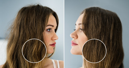 Woman's Hair Before And After Hair Straightening On Grey Backgroundの写真素材
