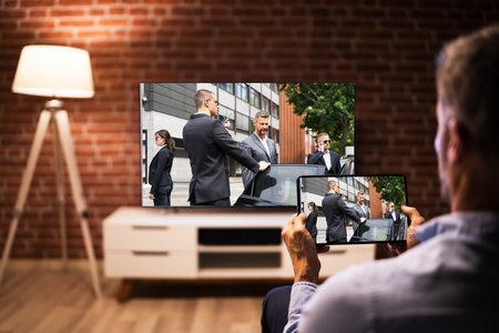 Mature Man With Smartphone Connected To A TV Watching Movie At Homeの写真素材