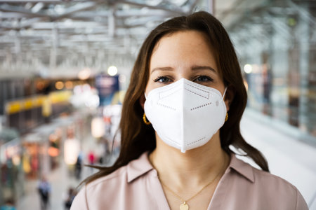 Plane Passenger In Airport Wearing Facemask Or Face Maskの写真素材