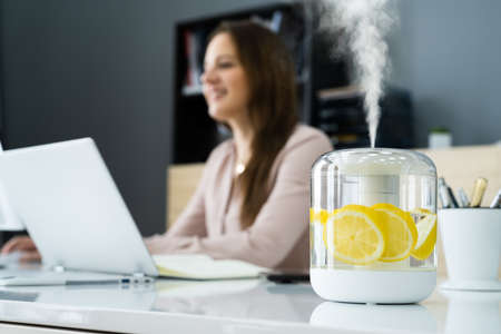 Air Humidifier Device At Office Desk Near Woman Workingの写真素材